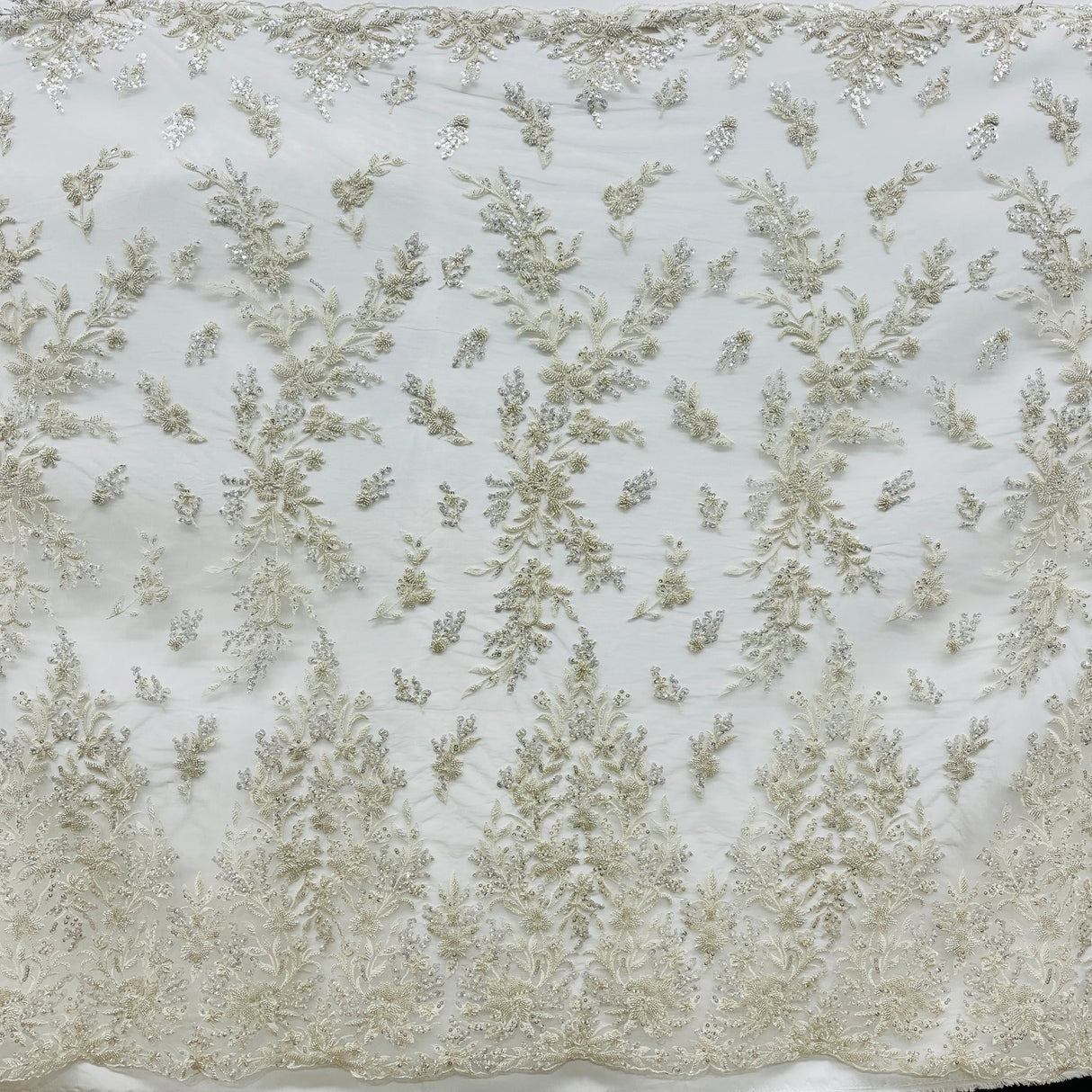 1 Yard Beaded Embroidered Lace Fabric on Polyester Net Mesh, 52" Wide