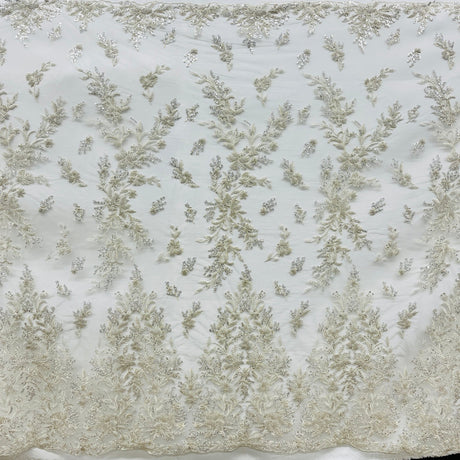 1 Yard Beaded Embroidered Lace Fabric on Polyester Net Mesh, 52" Wide