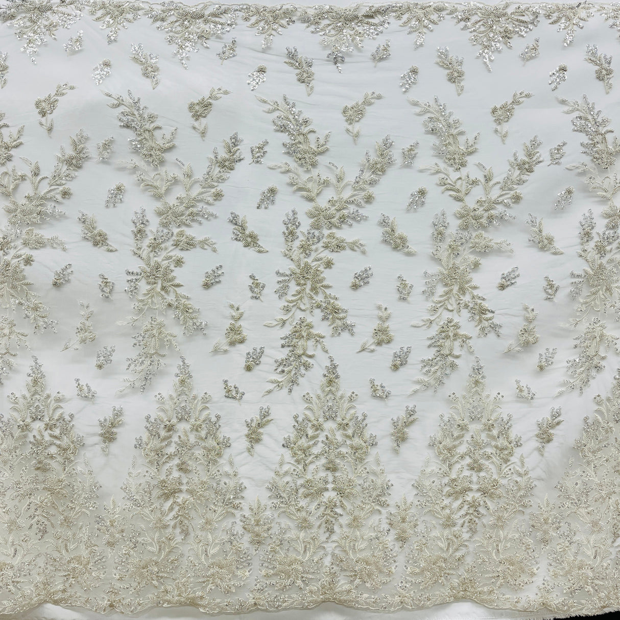 Beaded Lace Fabric Embroidered On 100 Percent Polyester Net Mesh - Gold, Silver, 52" Wide (1 Yard)