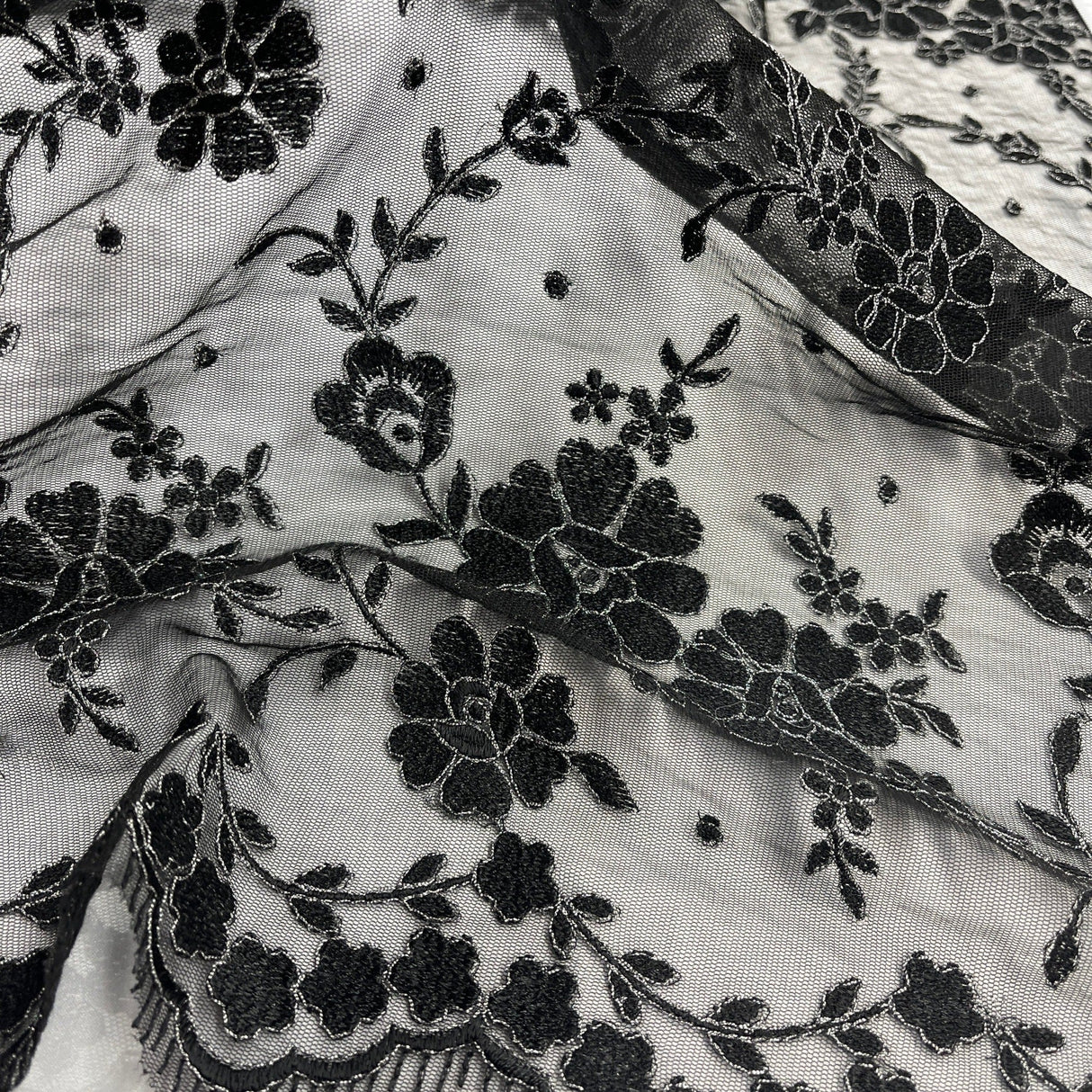Embroidered Lace Fabric - 100 Percent Polyester Net Mesh, Floral Beaded Design, 52" Width (1 Yard)