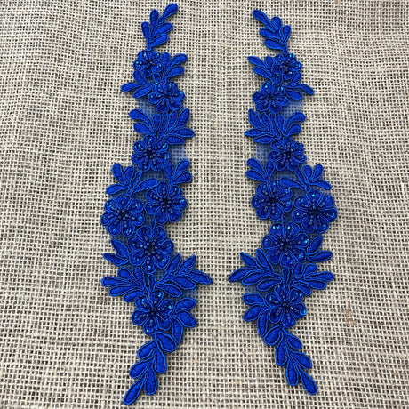 1 Pair 9.5" x 2" Each Side Beaded & Corded Floral Lace Applique Embroidered on 100% Polyester Net Mesh