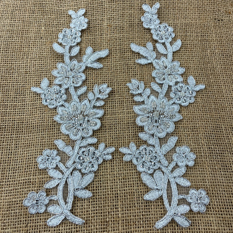Beaded & Corded Floral Lace Applique Embroidered On 100 Percent Polyester Net Mesh Fabric - Floral Applique, 10" X 2" Each Side (1 Pair)
