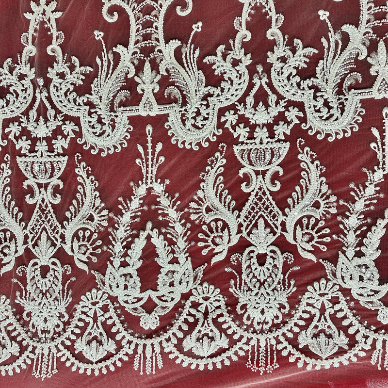 1 Yard Elegant Beaded Lace Fabric Embroidered on Polyester Net Mesh