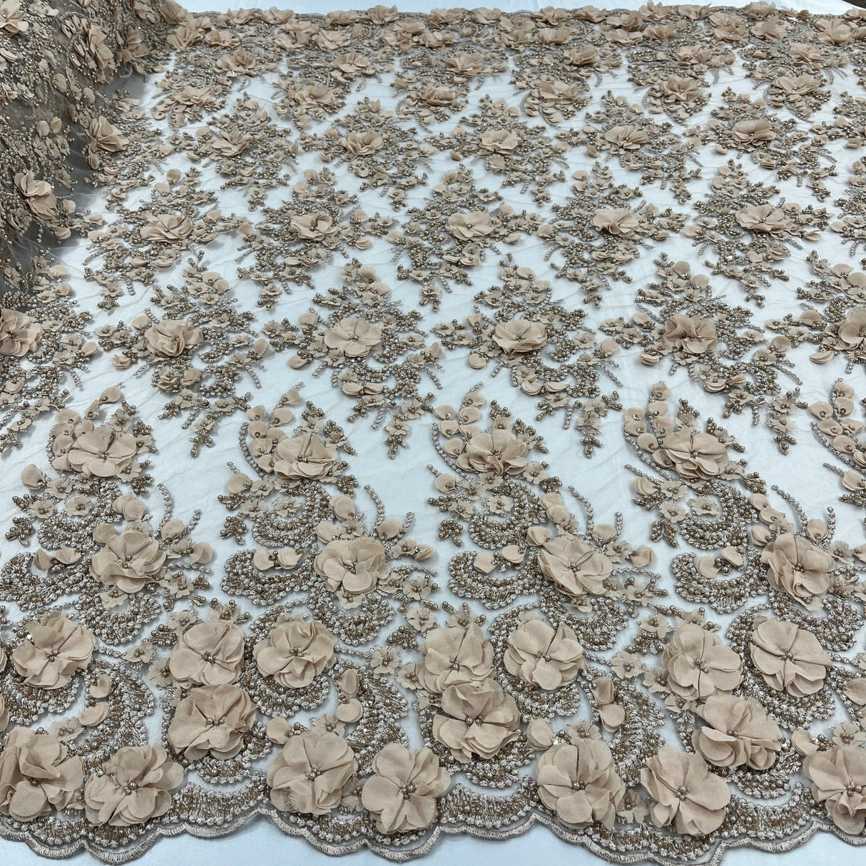 Beaded 3D Floral Lace Fabric Peach 48" Wide