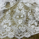 1 Yard Premium Corded Bridal Lace Fabric Embroidered on 100% Polyester Net Mesh White