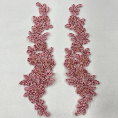 1 Pair 9.5" x 2" Each Side Beaded & Corded Floral Lace Applique Embroidered on 100% Polyester Net Mesh