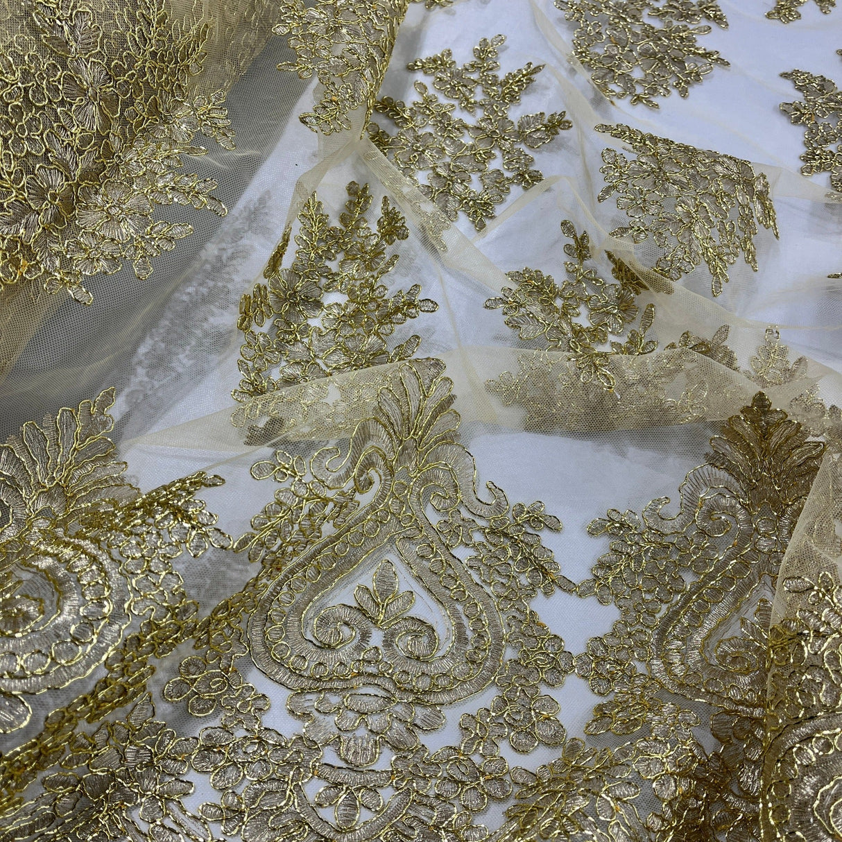 Embroidered Lace Fabric on Polyester Net Mesh