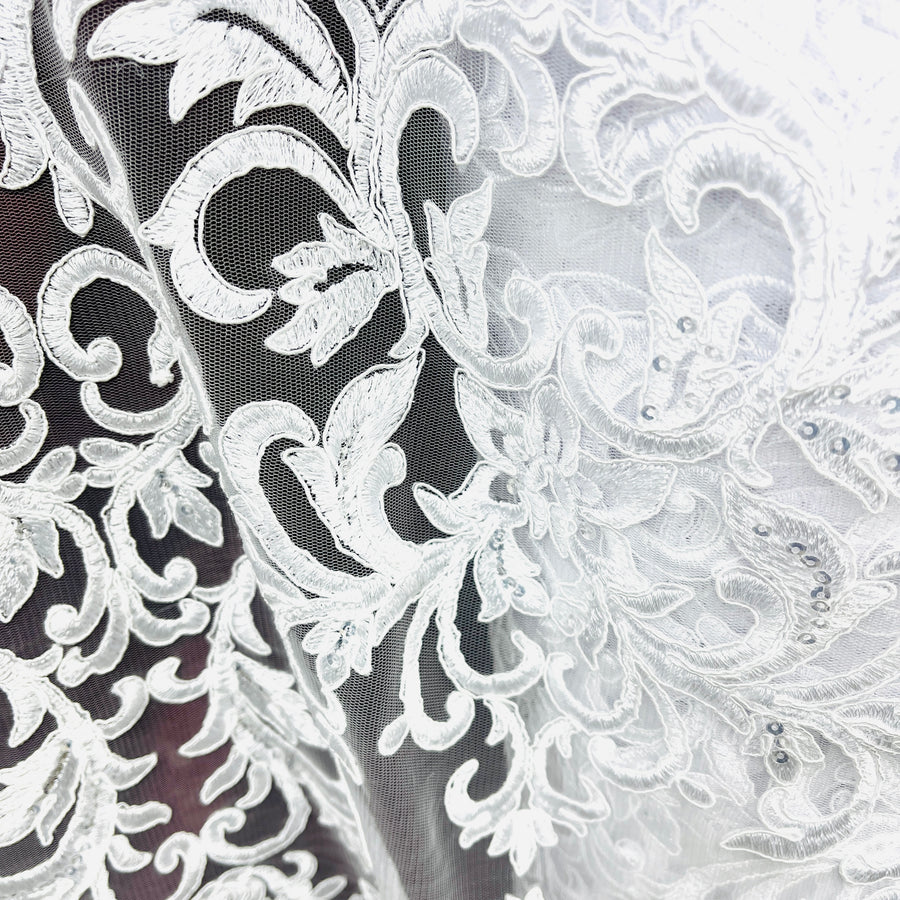 1 Yard Ivory Beaded and Corded Lace Fabric Embroidered on Polyester Net Mesh 51 Inch Width
