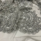 Beaded 3D Floral Lace Fabric - Embroidered 100 Percent Polyester Net Mesh, 3D Floral Beaded Design, 52" Wide (1 Yard)