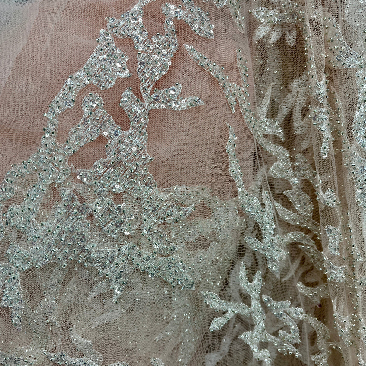 Beaded Lace Fabric on Polyester Net Mesh 52" Wide