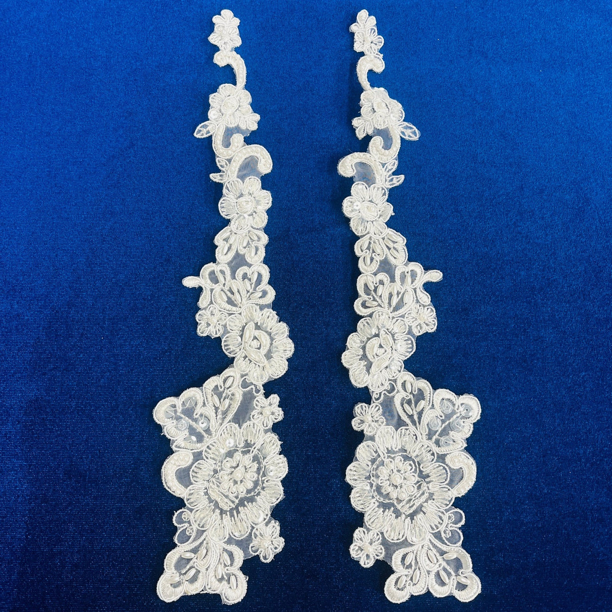 1 Pair 12" x 3" Each Side Beaded & Corded Floral Lace Applique 100% Polyester Organza