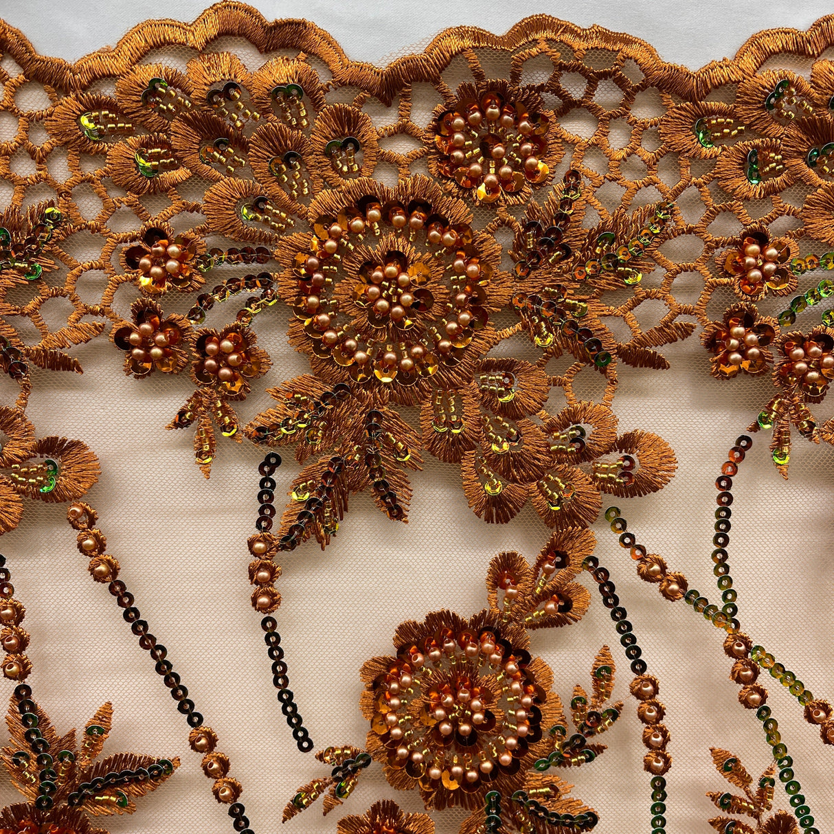 Beaded And Sequined Floral Sparkling Lace Fabric - Rust, Red, Purple Floral Embroidered, 53" Wide (1 Yard)