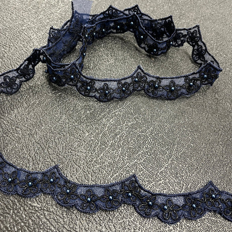 1 Yard Beaded & Corded Lace Trimming Embroidered on 100% Polyester Net Mesh 1" Wide