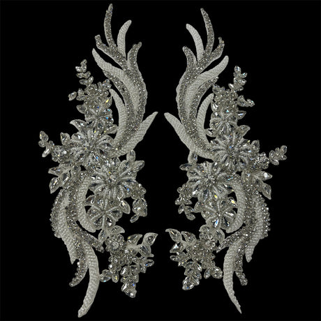 1 Pair 14" x 4" Each Side Crystal Rhinestone Beaded & Corded Lace 100% Polyester