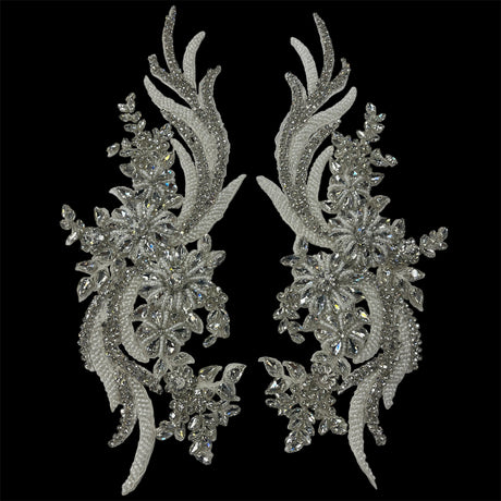 Rhinestone Applique Floral Lace Pair 14" x 4"