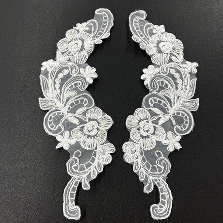 Beaded Corded Floral Lace Applique Polyester Organza Fabric - Floral Embroidered, 10" X 3" Wide Each Side (1 Pair)