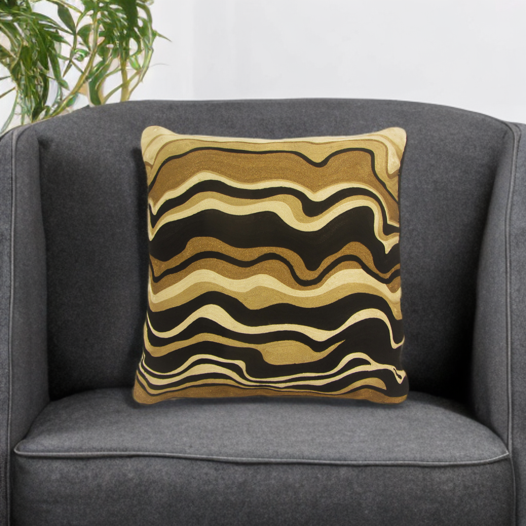 SEV005 Velvet Pillow - Black Velvet, Bronze, Black, Beige & Ivory Abstract Embroidery, 20" X 20" (1 Piece)