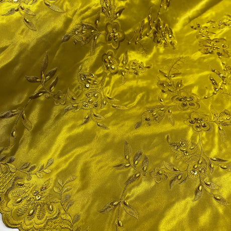 Beaded Bridal Lace Fabric - 100 Percent Polyester Satin, Floral Embroidery, 54" Width (1 Yard)