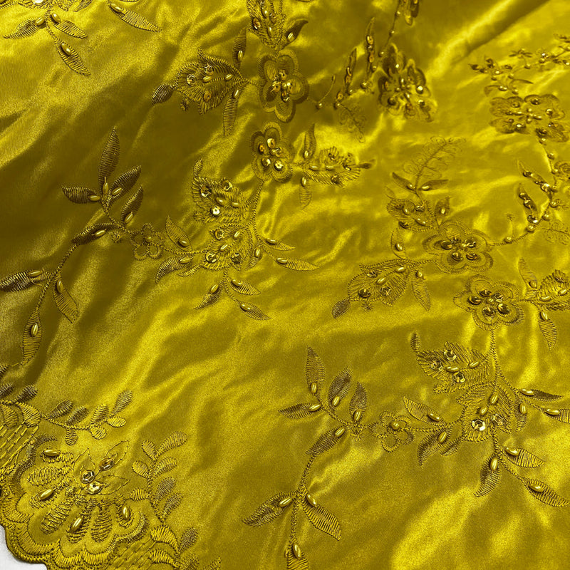 1 Yard - Beaded Bridal Lace Fabric Embroidered on 100% Polyester Satin - Ivory with Gold - 54" Wide