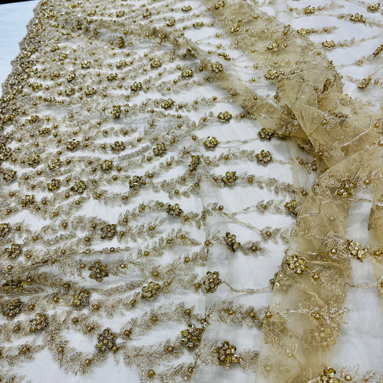 1 Yard Silver Beaded Lace Fabric Embroidered on Polyester Net Mesh Floral Sequin Design 50 Inch Width