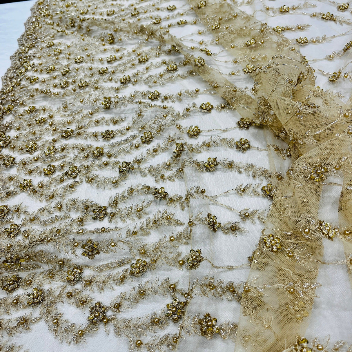 Beaded Lace Fabric on Polyester Net Mesh