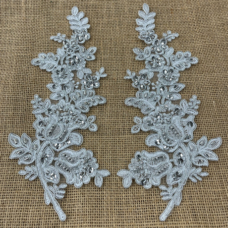 1 Pair 12" x 3.5" Beaded & Corded Floral Lace Applique 100% Polyester Net Mesh
