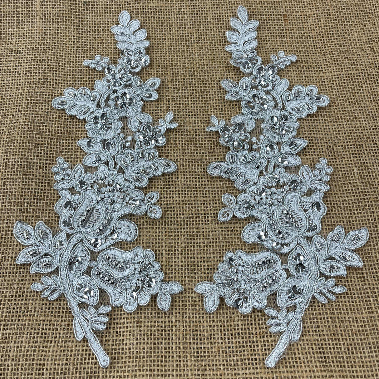 Beaded Corded Floral Lace Applique 100 Percent Polyester Fabric - Embroidered Net Mesh, 12" X 3.5" Each Side (1 Pair)