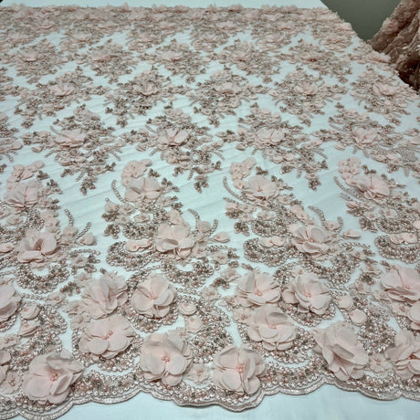 Beaded 3D Floral Lace Fabric Peach 48" Wide