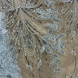 Beaded Sequined Lace Fabric Leaf Vine Design