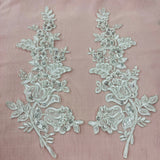 Beaded Corded Floral Lace Applique 100 Percent Polyester Fabric - Embroidered Net Mesh, 12" X 3.5" Each Side (1 Pair)