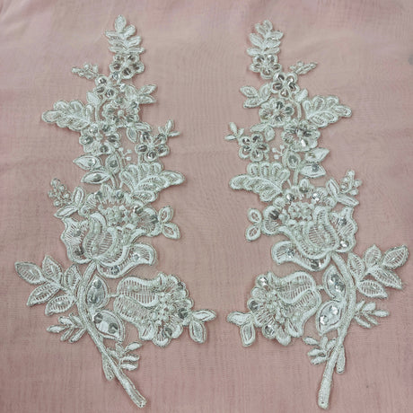 Beaded Corded Floral Lace Applique 100 Percent Polyester Fabric - Embroidered Net Mesh, 12" X 3.5" Each Side (1 Pair)