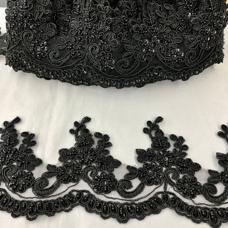 Beaded Corded Lace Trimming 100 Percent Polyester Net Mesh Fabric - Embroidered, 4.5" Width, 8 Colors (1 Yard)