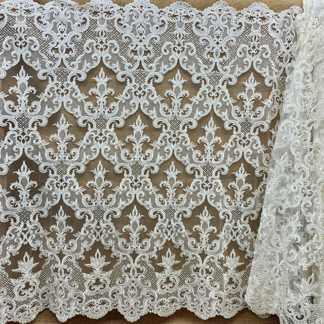 Beaded Corded Bridal Lace Fabric - Dark Ivory, Embroidered On 100 Percent Polyester Net Mesh, 53" Wide (1 Yard)