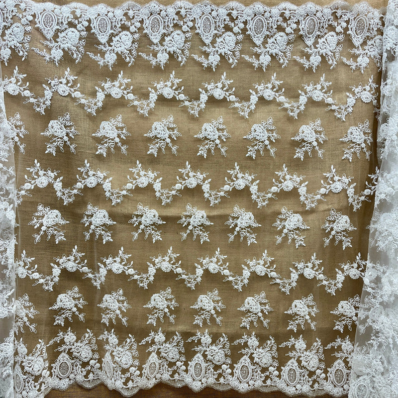 Beaded Corded Bridal Lace Fabric - Embroidered White/Ivory, 49" Wide (1 Yard)
