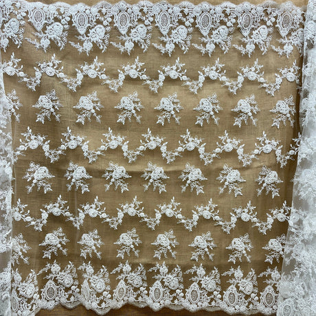 1 Yard Beaded & Corded Bridal Lace Fabric on Polyester Net Mesh, Embroidered, 49" Wide, Elegant Wedding Fabric