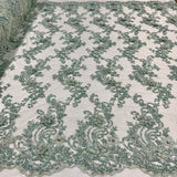 Beaded 3D Floral Lace Fabric - Embroidered 100 Percent Polyester Net Mesh, 3D Floral Beaded Design, 52" Wide (1 Yard)