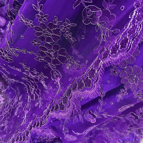 Embroidered Lace Fabric - 100 Percent Polyester Net Mesh, Floral Beaded Design, 52" Width (1 Yard)