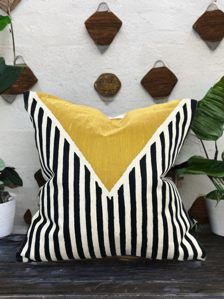 VIVA012 Polyester Fabric - White Base, Black & Ivory Geometric Embroidery, Mustard Graphic, 20" X 20" (1 Piece)