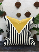 VIVA012 Polyester Fabric - White Base, Black & Ivory Geometric Embroidery, Mustard Graphic, 20" X 20" (1 Piece)