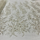 1 Yard Light Blue Beaded Lace Embroidered Fabric, Polyester Net Mesh, 50” Wide