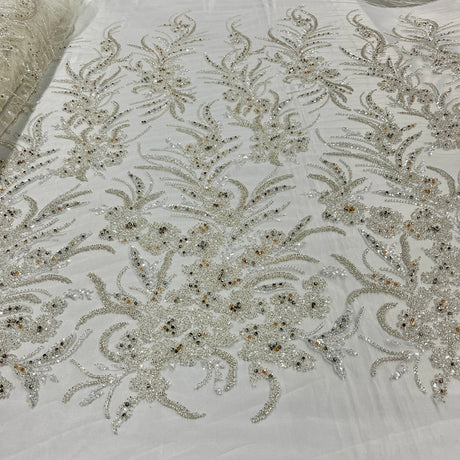 1 Yard Light Blue Beaded Lace Embroidered Fabric, Polyester Net Mesh, 50” Wide