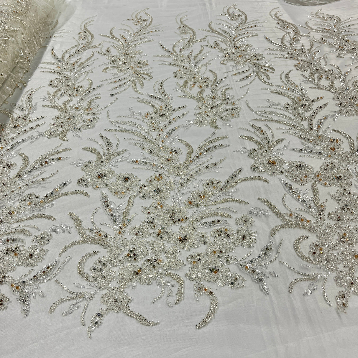 Beaded Lace Fabric Embroidered On 100 Percent Polyester Net Mesh - Lt. Blue, Ice Blue, Champagne, Nude, 50" Width (1 Yard)