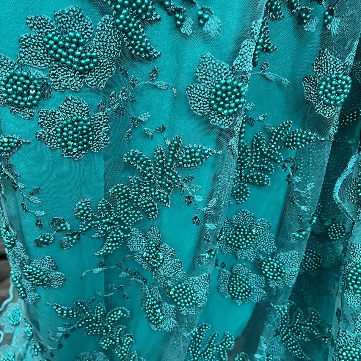 GD-366 Beaded Lace Polyester Fabric - Jade Floral Embroidered Beaded Pearl Scalloped Edges, 52" Width (1 Yard)