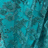 GD-366 Beaded Lace Polyester Fabric - Jade Floral Embroidered Beaded Pearl Scalloped Edges, 52" Width (1 Yard)