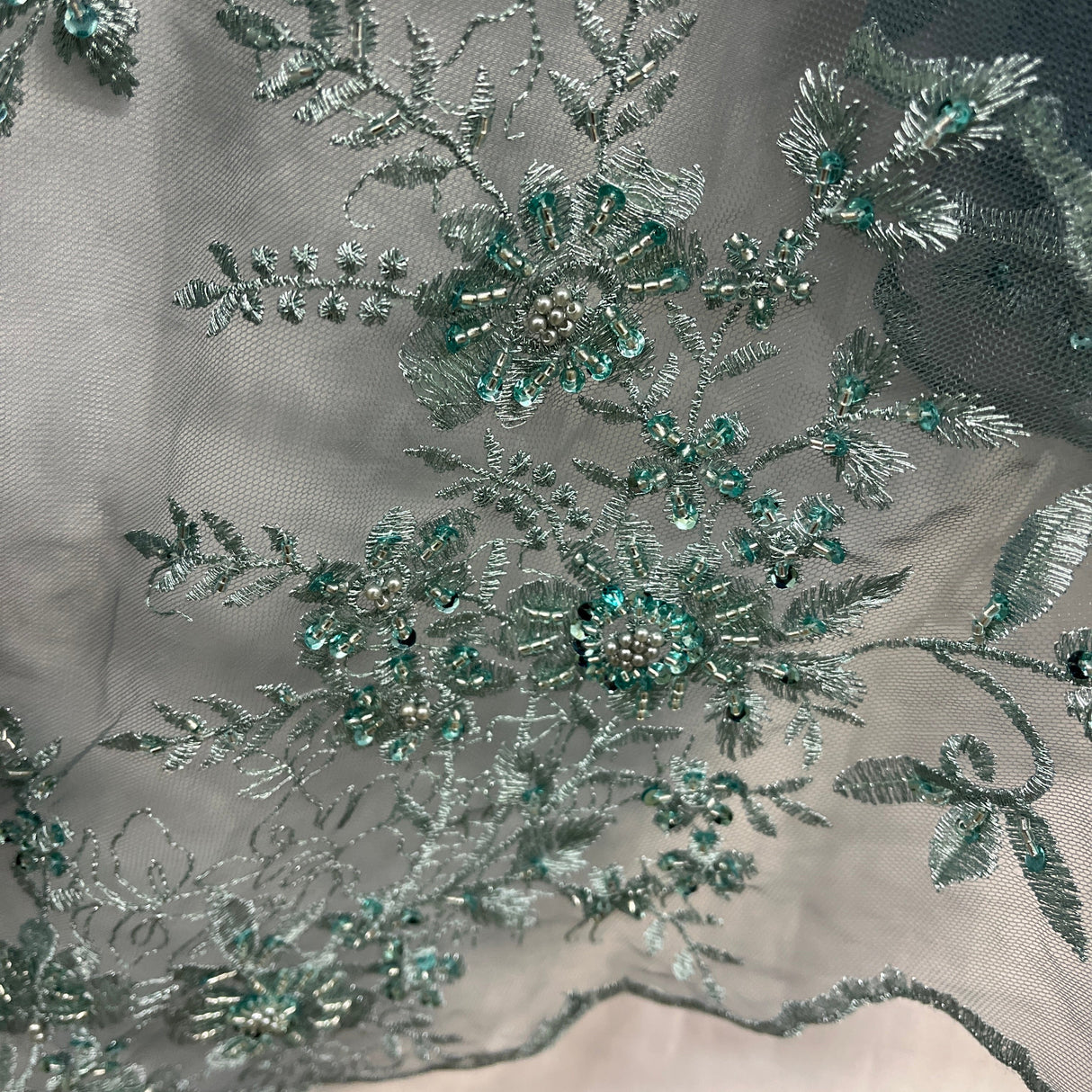 Beaded Floral Lace Fabric on Polyester Net Mesh