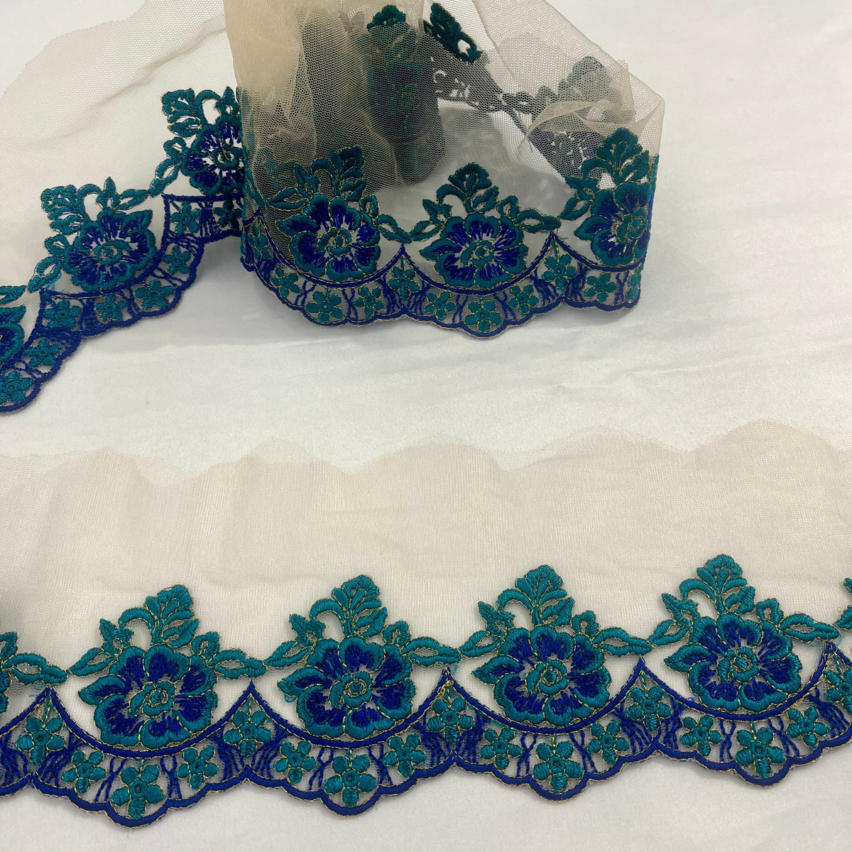 1 Yard Colorful Floral Embroidered Lace Trim on Sheer Mesh Fabric, 100% Polyester