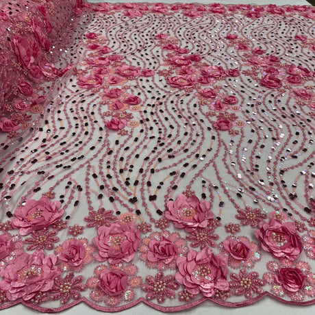 1 Yard Yellow 3D Floral Beaded & Sequined Lace Fabric, Embroidered Sparkling Mesh, 52" Wide, Polyester
