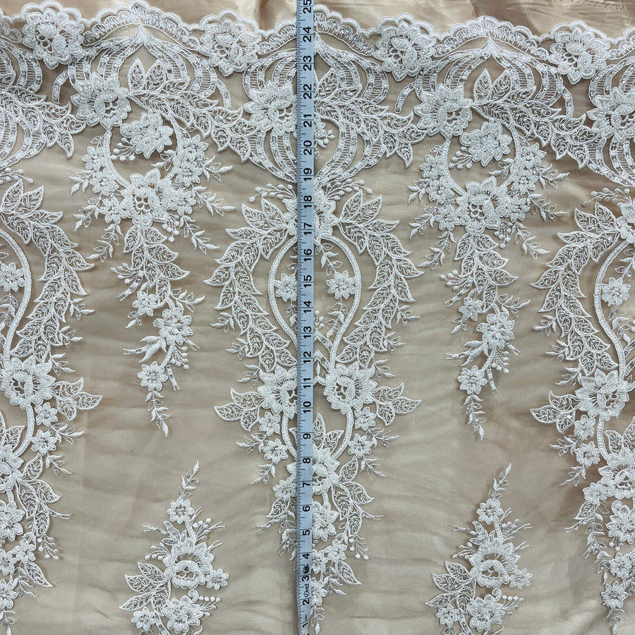 1 Yard Beaded and Corded Bridal Lace Fabric Embroidered on Polyester Net Mesh White and Ivory