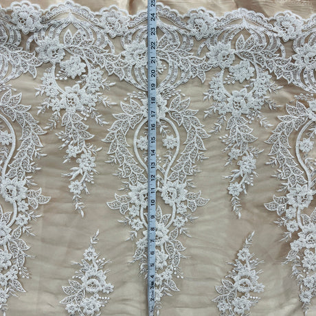 Beaded Corded Bridal Lace Fabric - Embroidered Net Mesh, White, Ivory, Silver, Gold, 54" Wide (1 Yard)