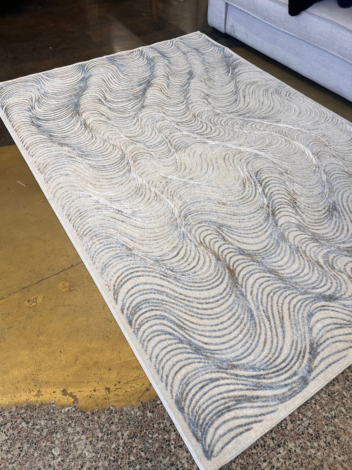 KAI 304 Polyester Fabric - Cream Rug With Blue, Gold-Brown & Silver Viscose Swirl Accents, Machine Made (5' 3" X 7' 4" / 7' 9" X 10' 9" / 10' X 13")